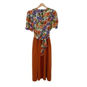 Purple Floral Print Top, Rust Midi Skirt, Short Sleeve, Bow/Tie Dress